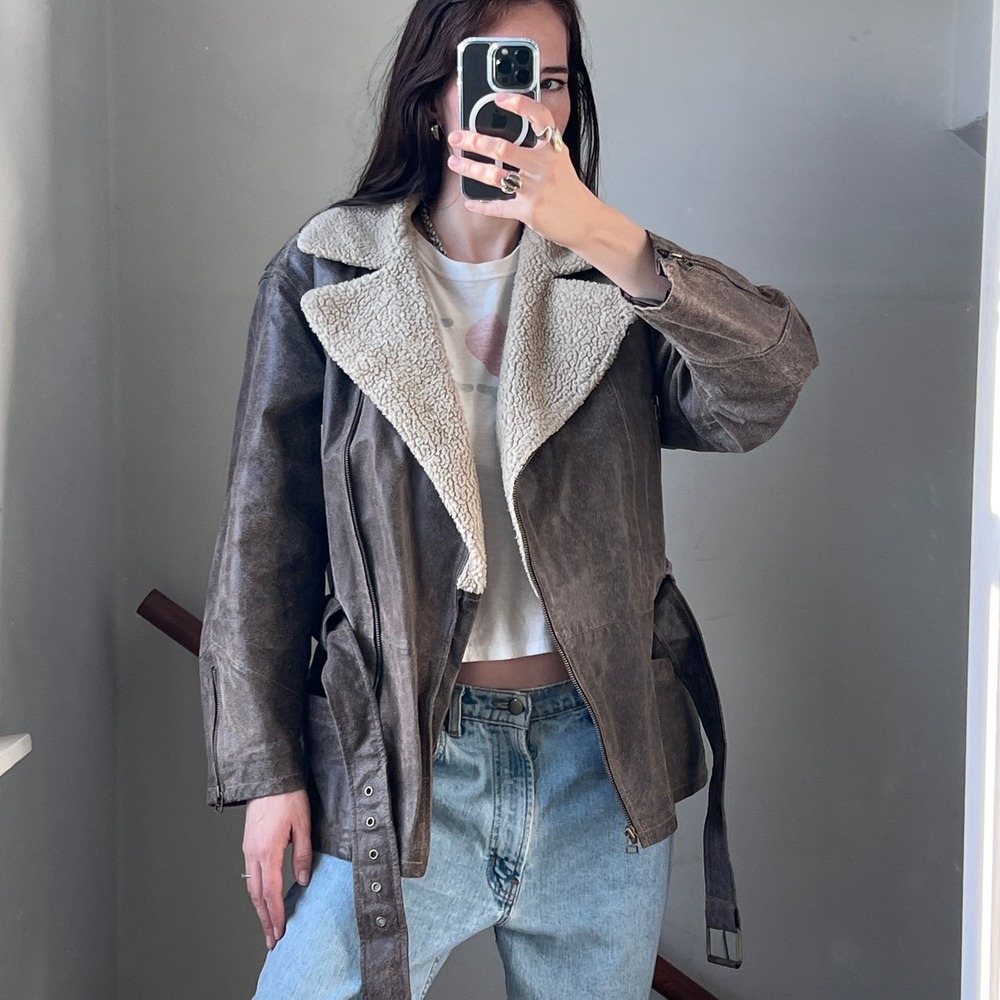 Vintage Leather Jacket Brown Shearling Collar Belted Moto Biker Aviator Coat